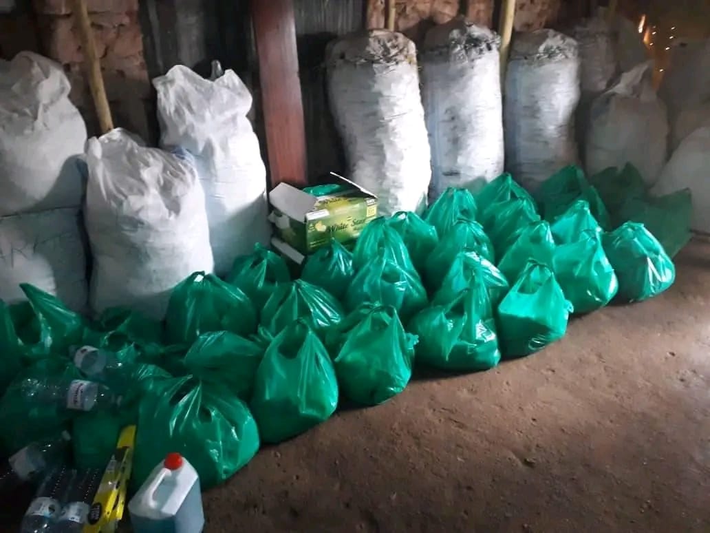 Packed relief food parcels and supplies prepared for distribution